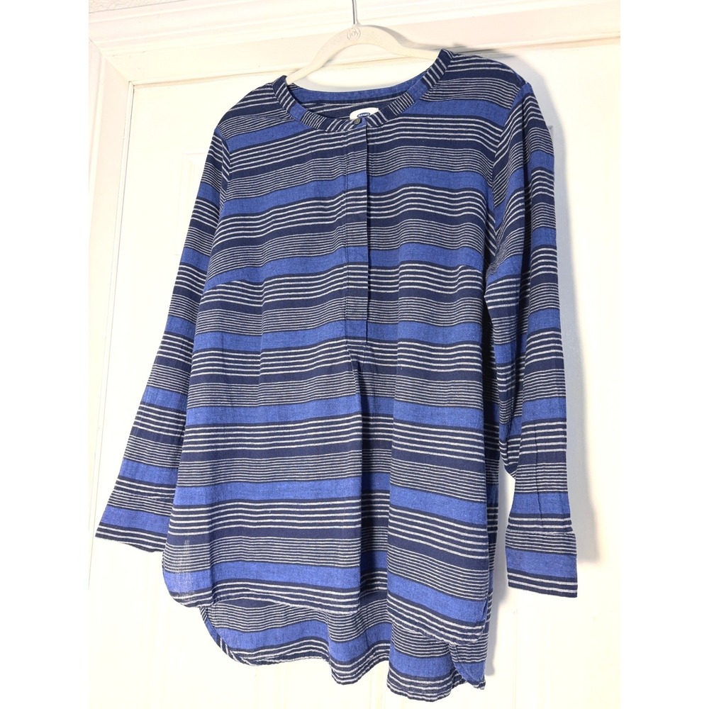 Old Navy 2X Plus Blue Striped Linen Cotton Blend Tunic Top Popover Boho Coastal